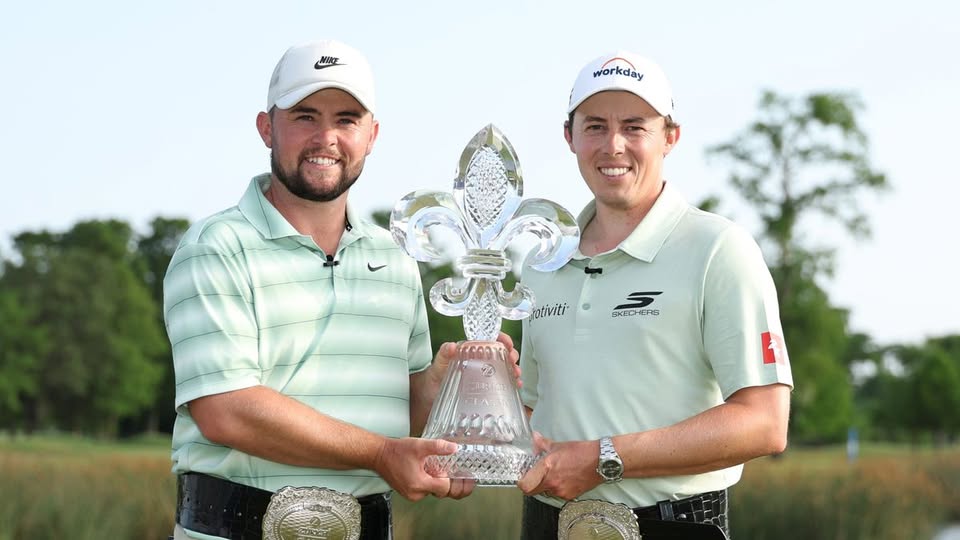 Matt and Alex Fitzpatrick with trophy after winning the 2026 Zurich Classic of New Orleans at TPC Louisiana